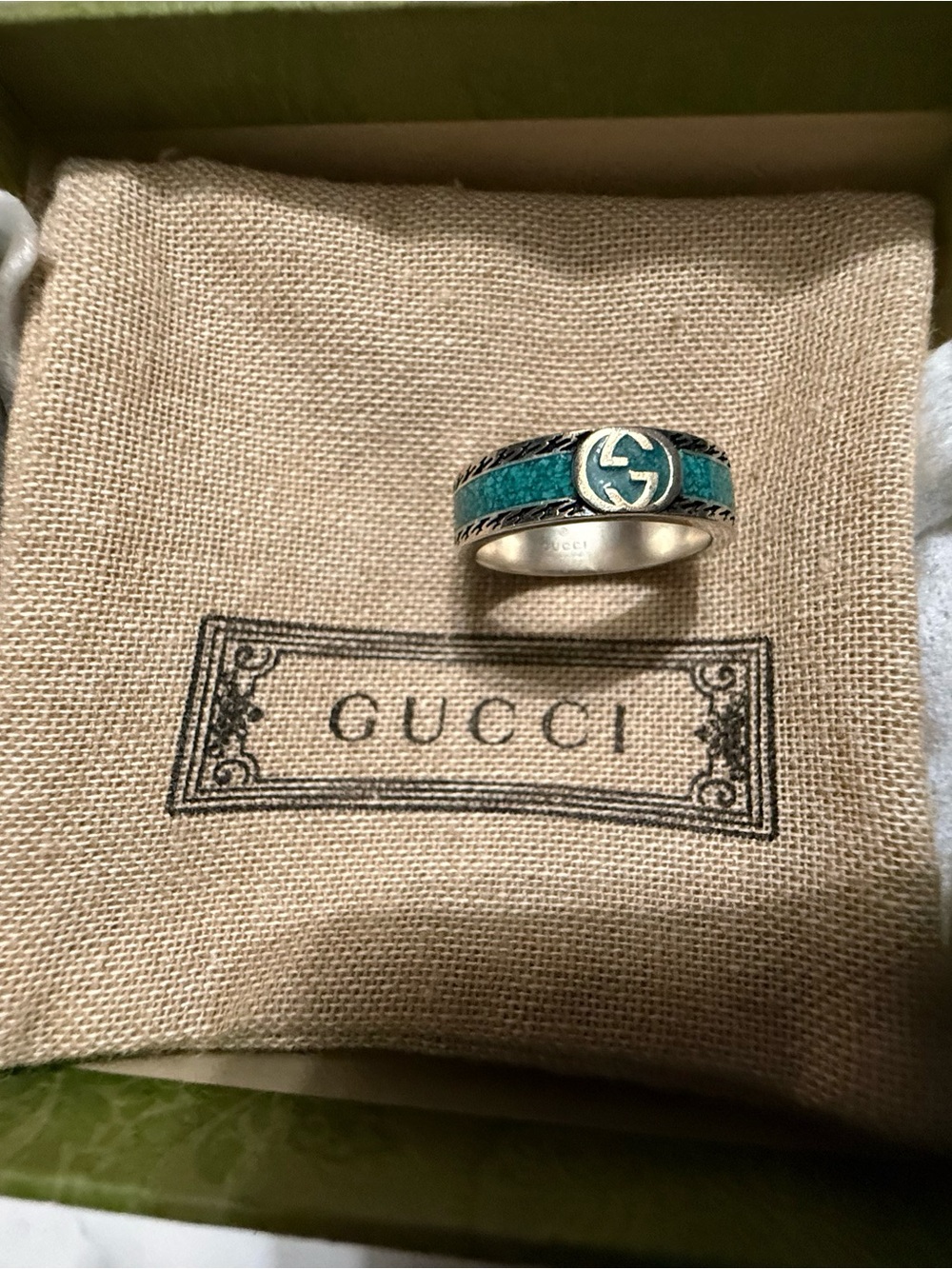 Gucci Silver Band Ring with Turquoise Inlay - Picture 2 of 10